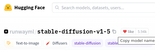 Stable Diffusion v1.5 model card with Copy model name option highlighted