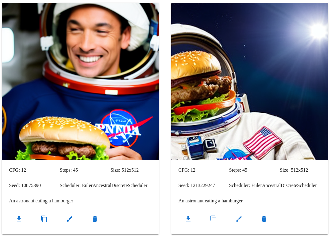 a smiling astronaut holding a hamburger and another astronaut whose head is a hamburger