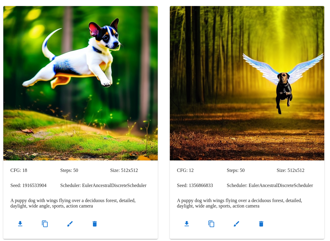 two txt2img images based on the flying puppy dog prompt, one successful and one with a slightly distorted puppy