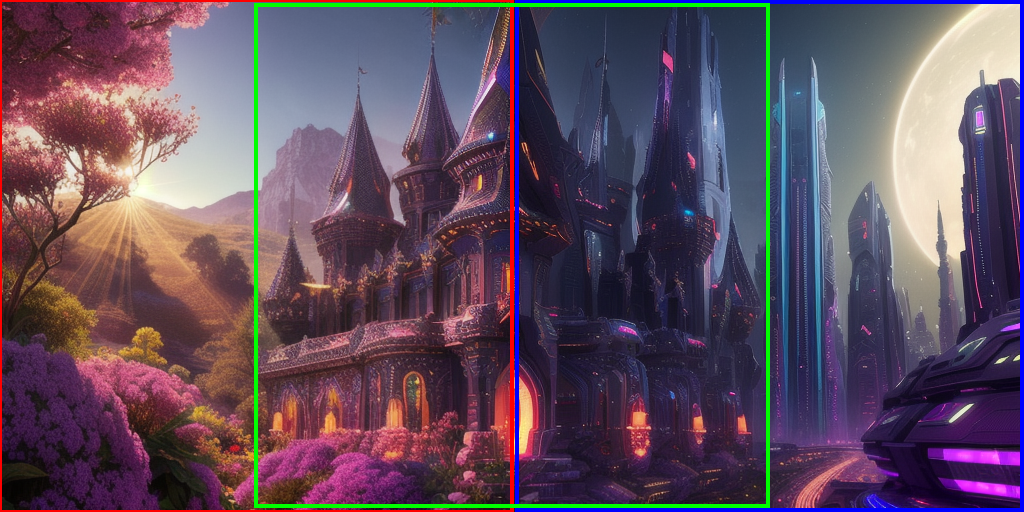 an image showing a gradient blending between a fantasy forest, castle with pointed spires, and futuristic city with neon lights